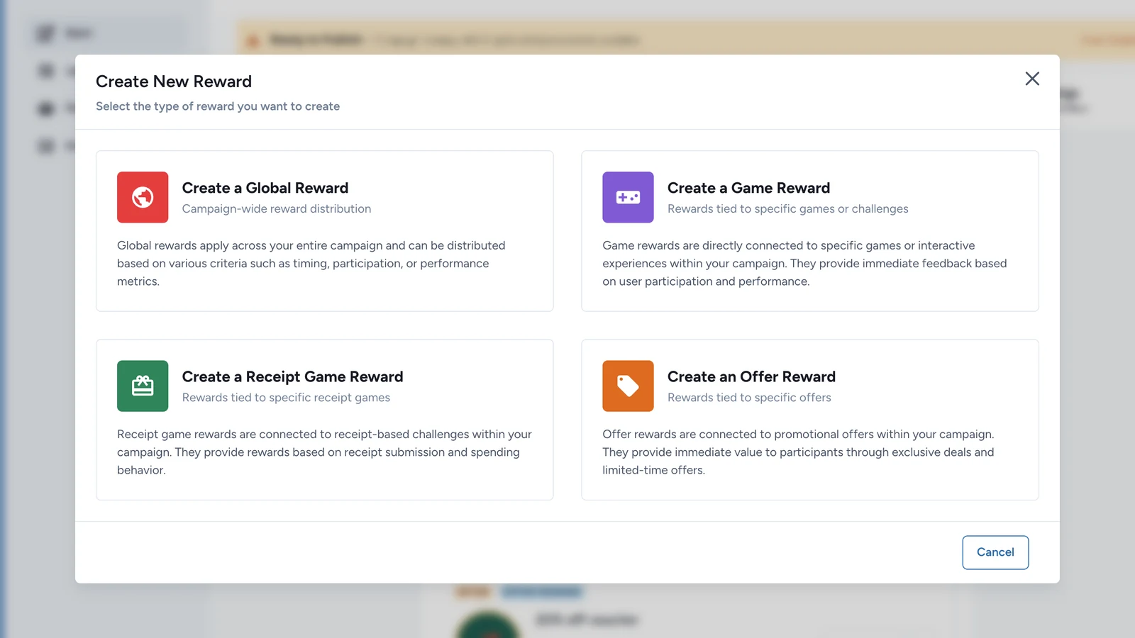 Create New Reward window with its four categories