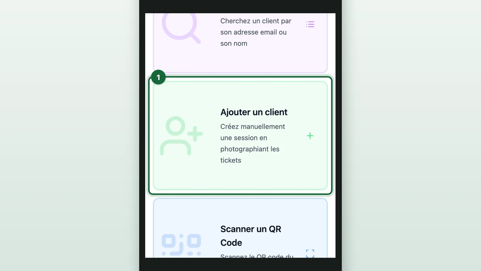 Receipt Host App home screen with Ajouter un client highlighted on a phone