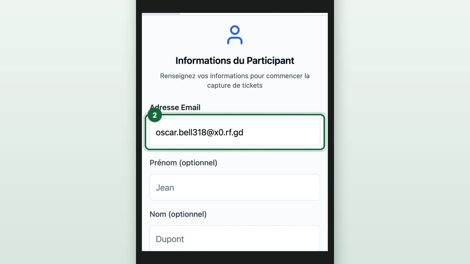 Informations du Participant with Oscar Bell's email highlighted on a phone
