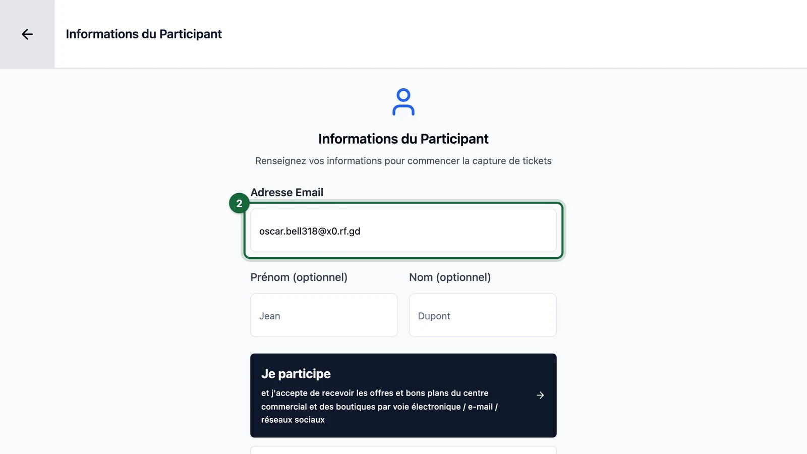 Informations du Participant with Oscar Bell's email highlighted on a tablet