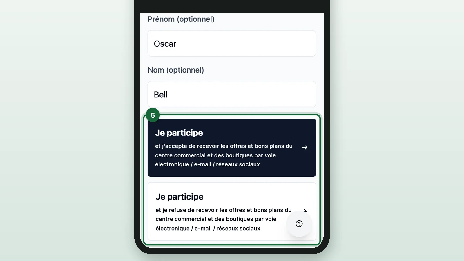 Informations du Participant with both Je participe buttons highlighted on a phone