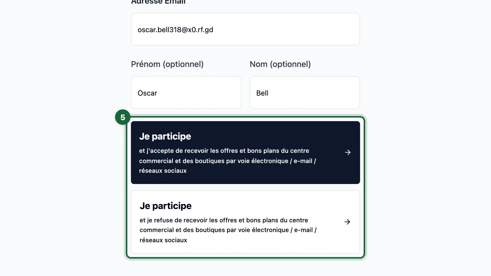 Informations du Participant with both Je participe buttons highlighted on a tablet