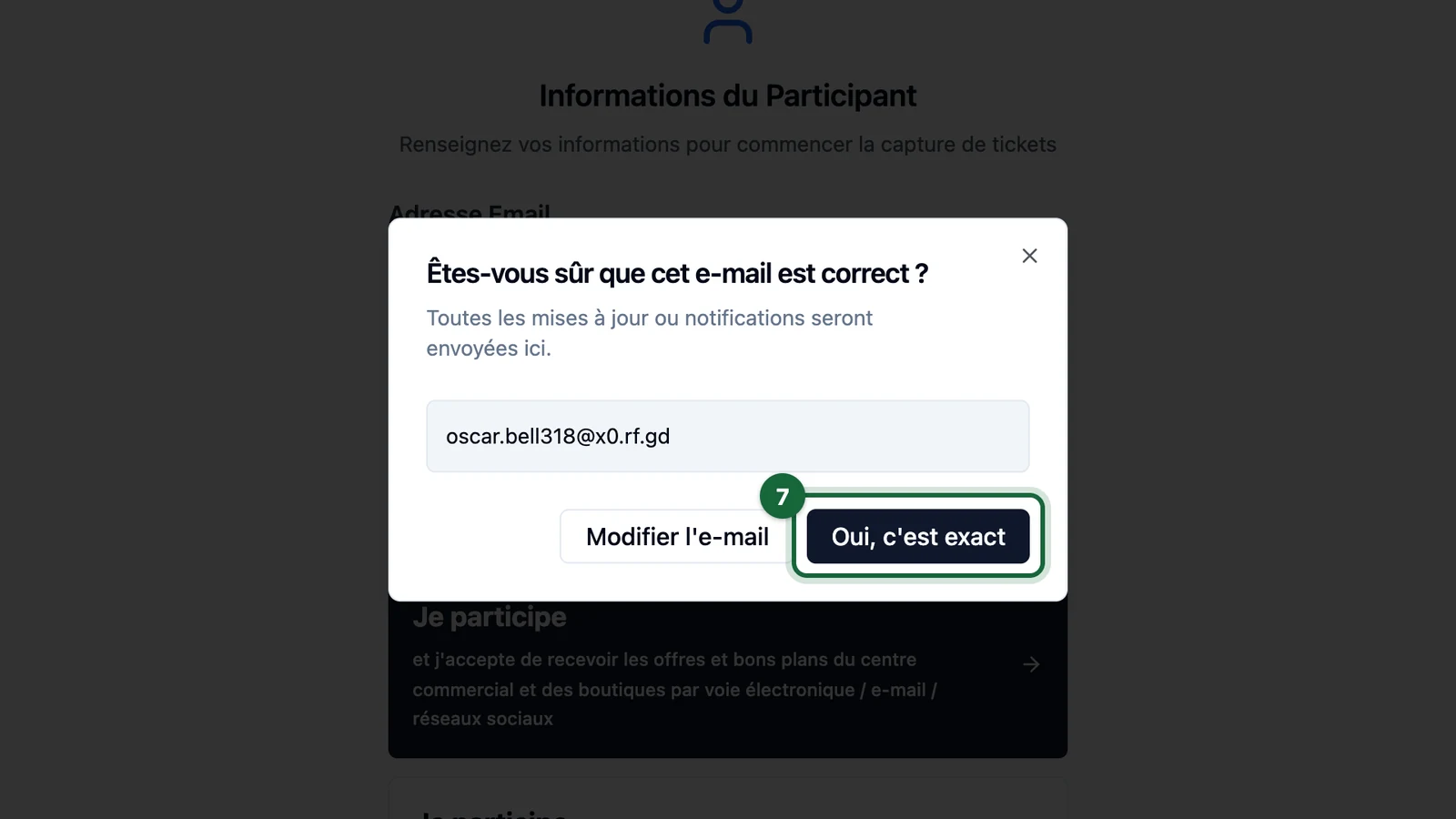 Email check window with Oui, c'est exact highlighted on a tablet