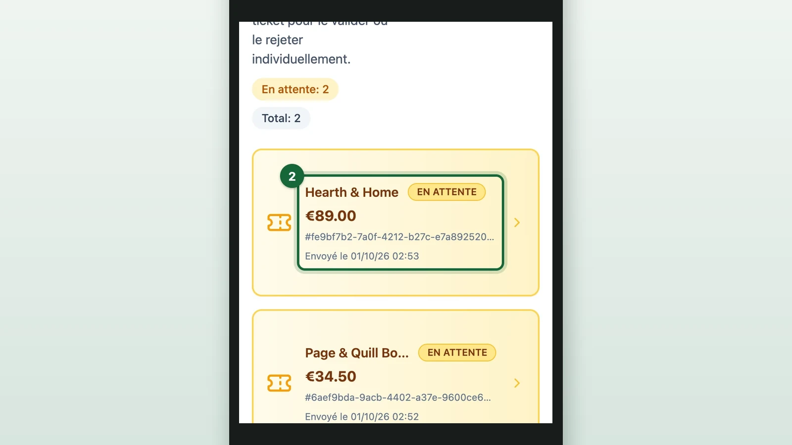 Finley Webb's session with the pending Hearth & Home receipt highlighted on a phone