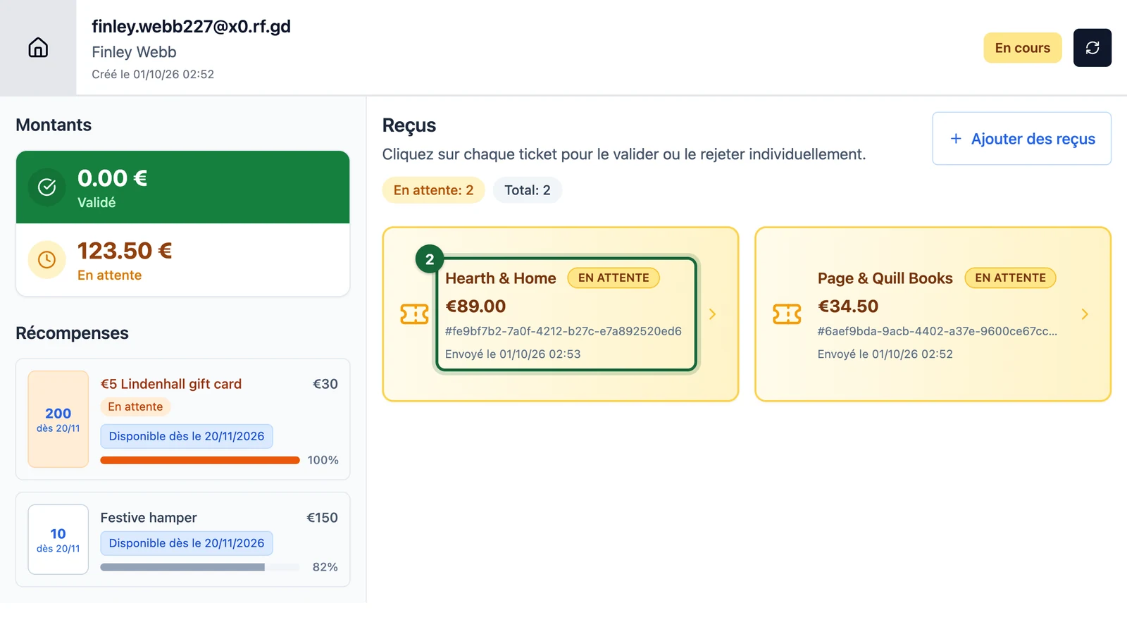 Finley Webb's session with the pending Hearth & Home receipt highlighted on a tablet