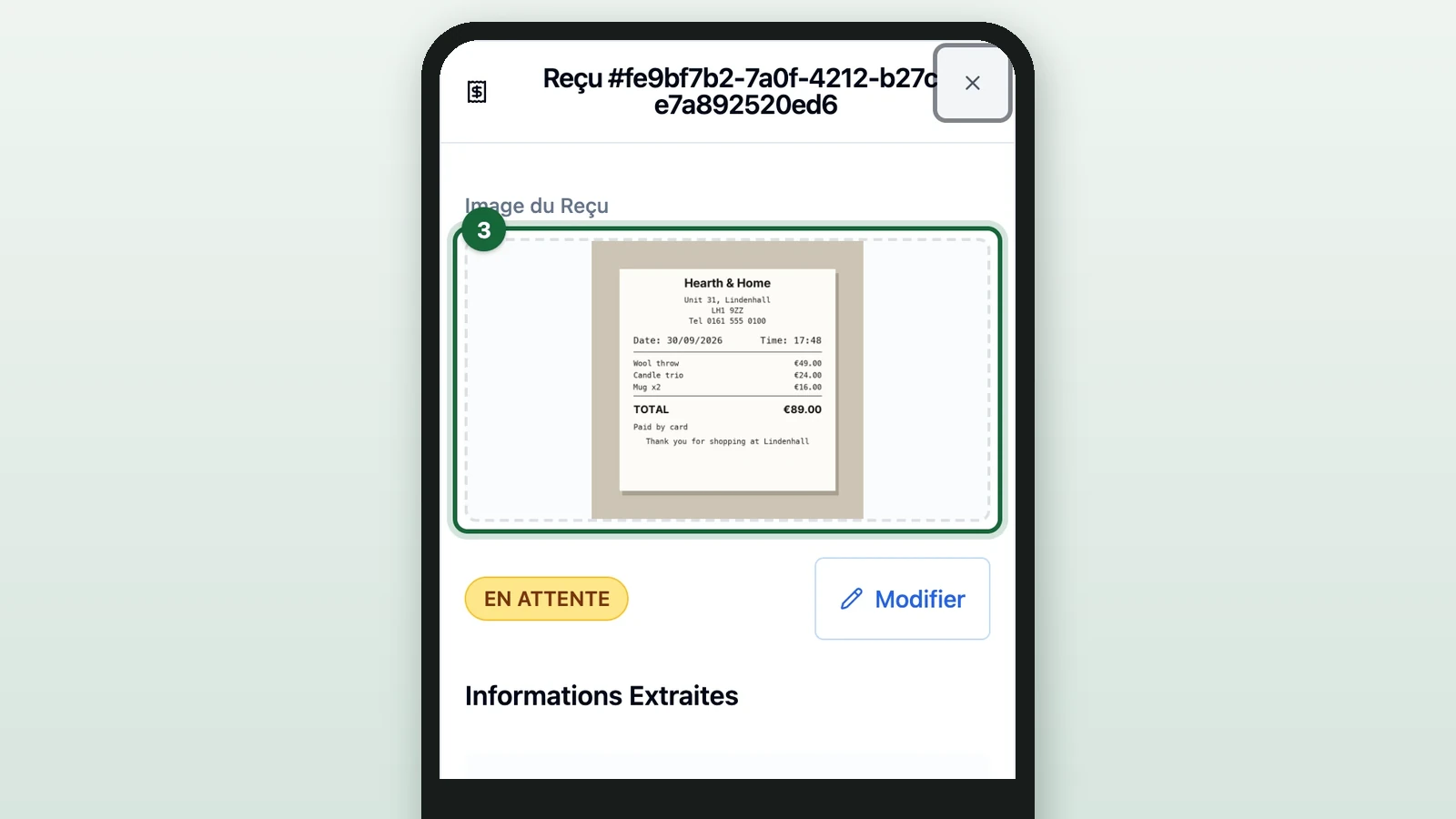 Hearth & Home receipt window with the photo highlighted on a phone