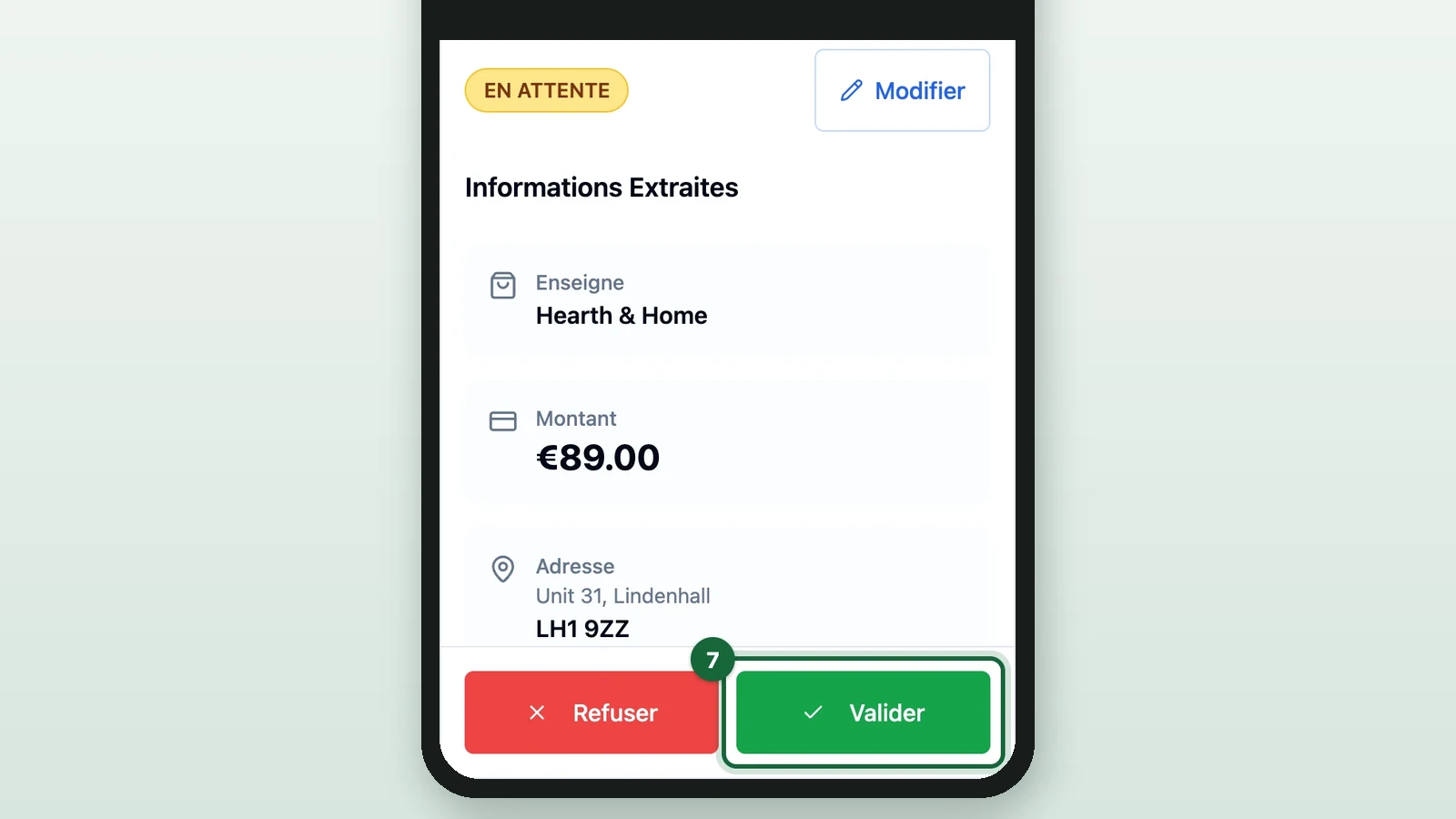 Hearth & Home receipt window with Valider highlighted on a phone
