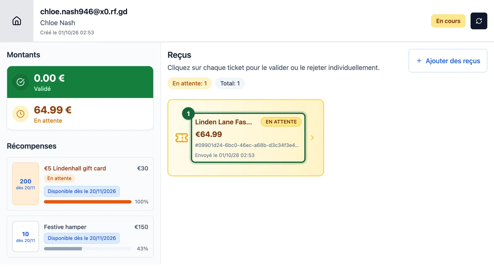 Chloe Nash's session with the Linden Lane Fashion receipt highlighted on a tablet