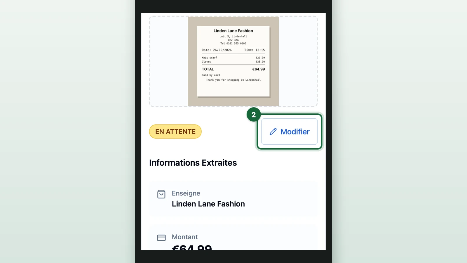 Linden Lane Fashion receipt window with Modifier highlighted on a phone