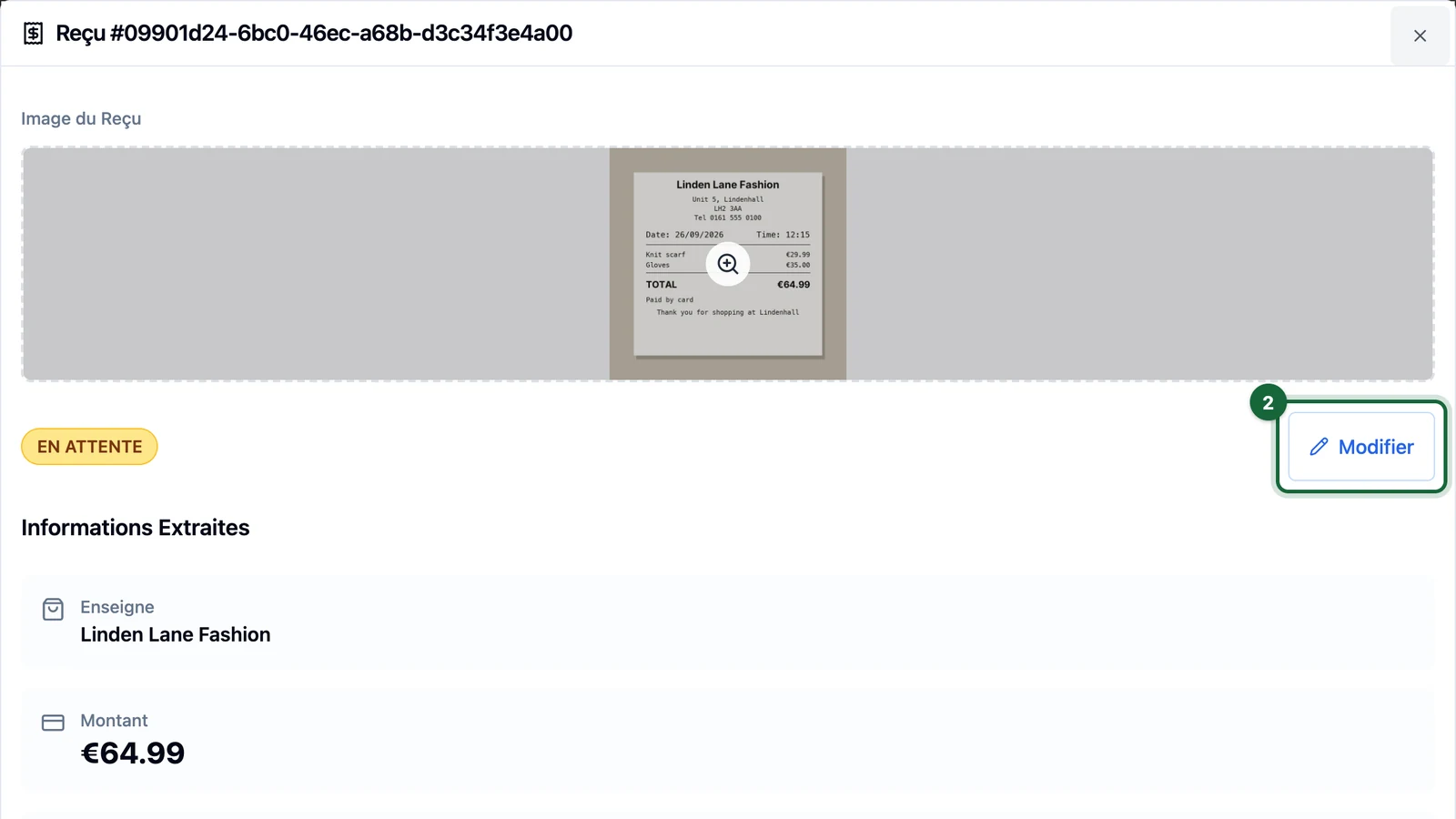 Linden Lane Fashion receipt window with Modifier highlighted on a tablet