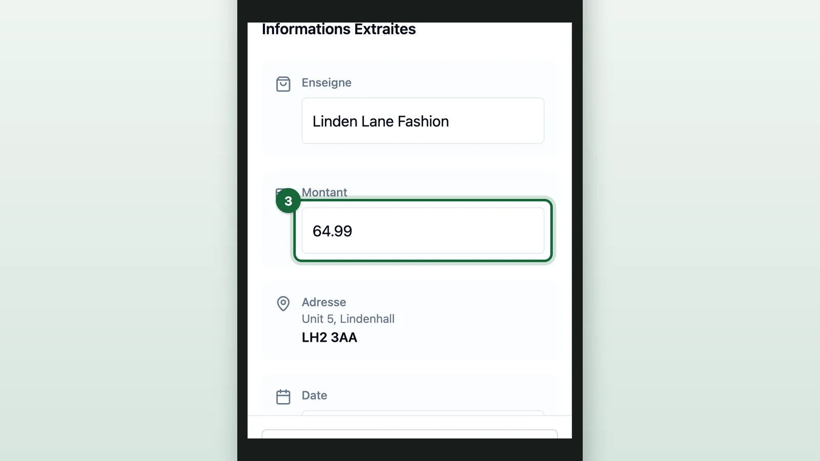 Receipt edit form with the Montant field highlighted on a phone