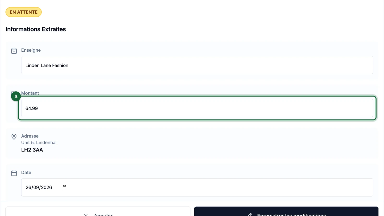 Receipt edit form with the Montant field highlighted on a tablet