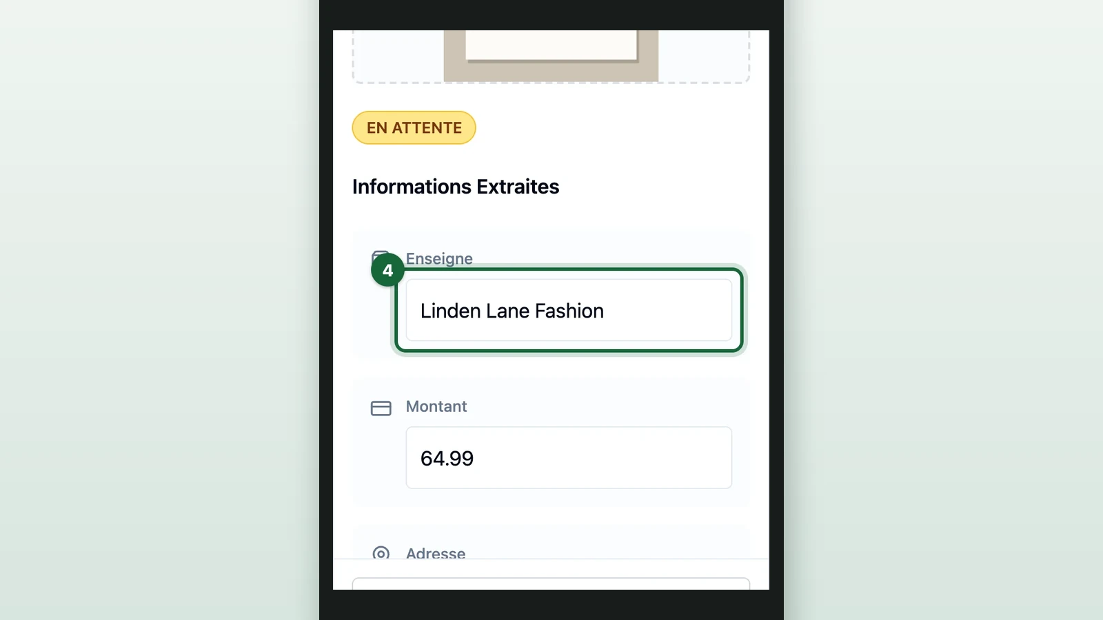 Receipt edit form with the Enseigne field highlighted on a phone