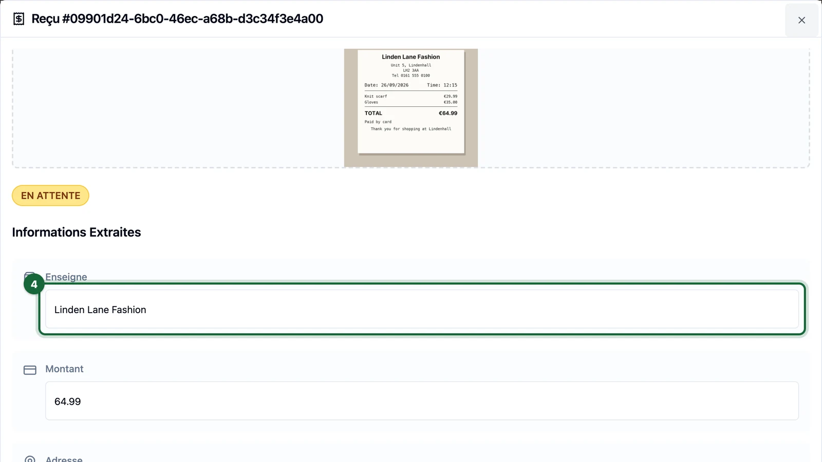 Receipt edit form with the Enseigne field highlighted on a tablet