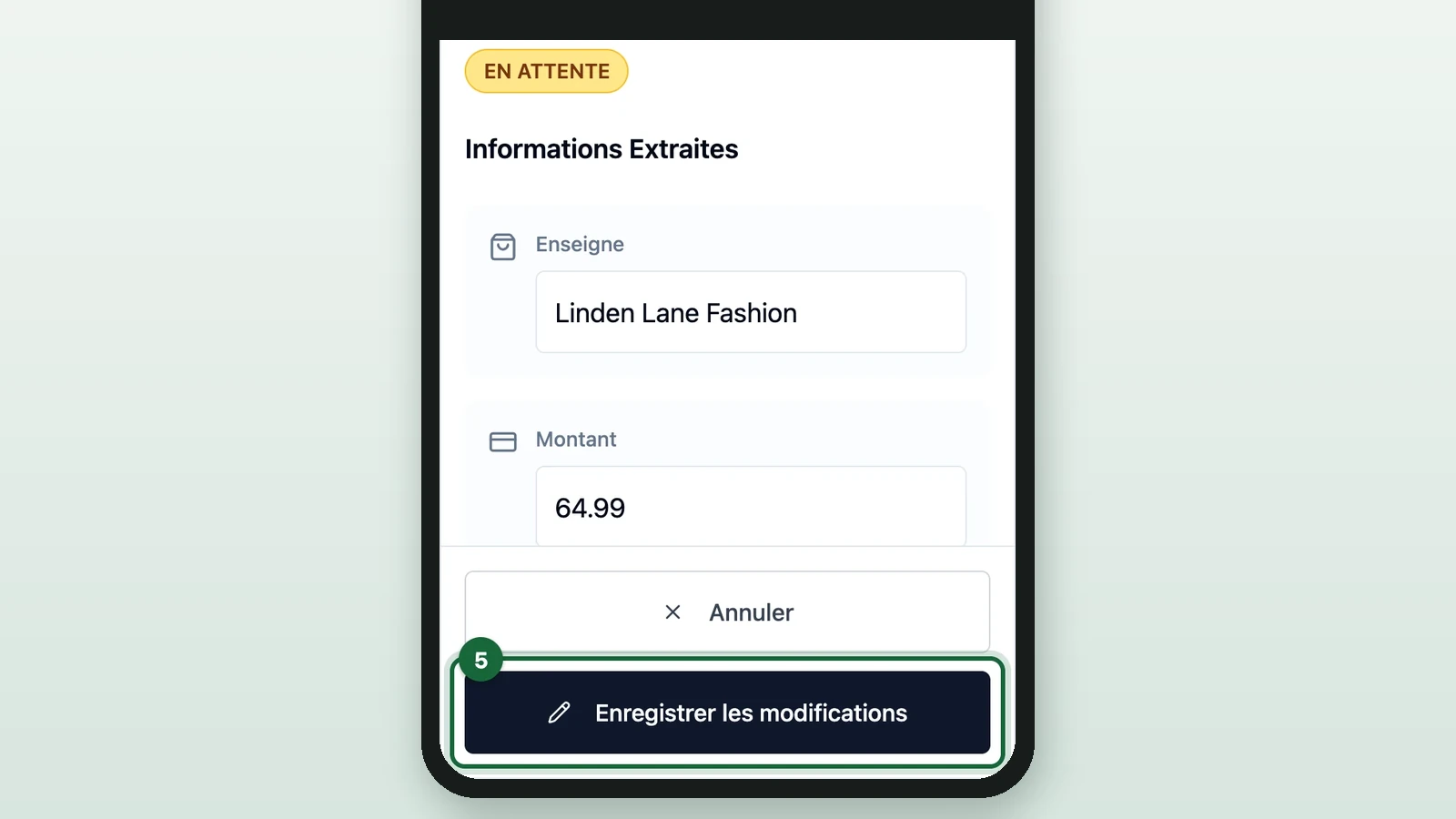 Receipt edit form with Enregistrer les modifications highlighted on a phone