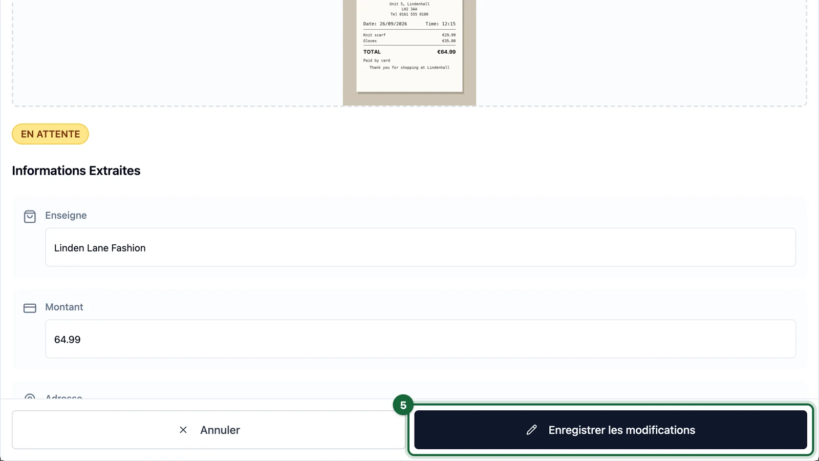 Receipt edit form with Enregistrer les modifications highlighted on a tablet