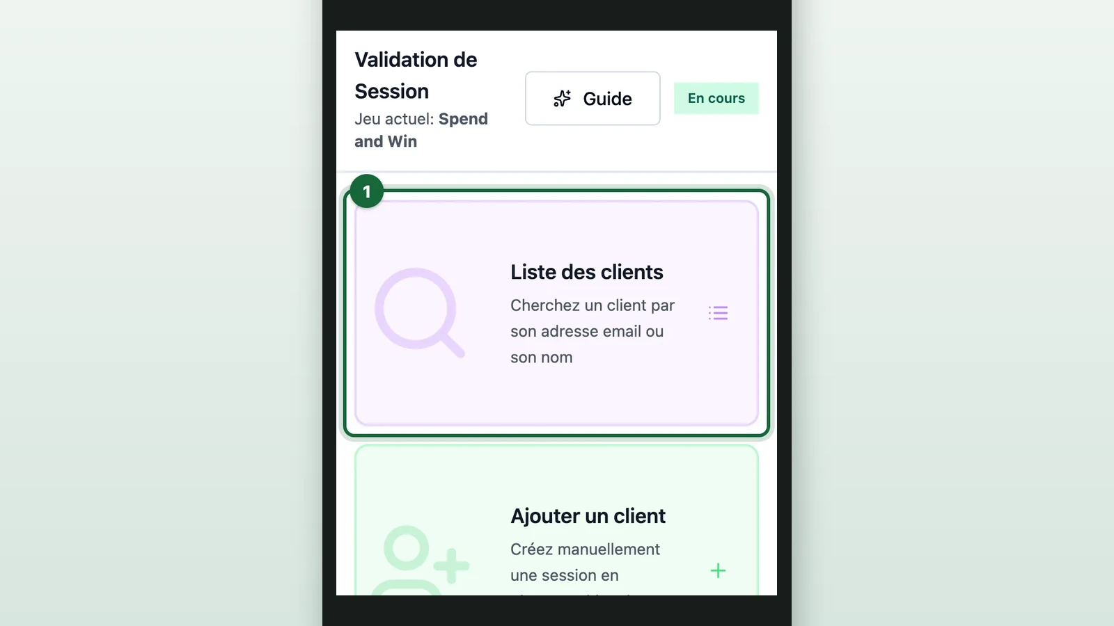 Receipt Host App home screen with Liste des clients highlighted on a phone