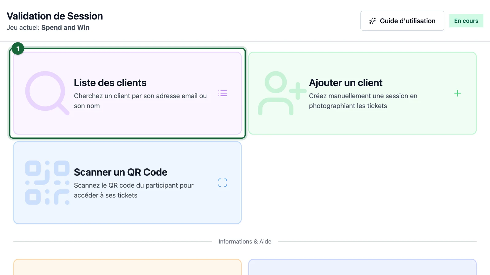 Receipt Host App home screen with Liste des clients highlighted on a tablet