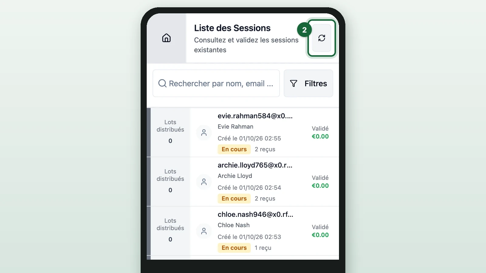 Liste des Sessions with Actualiser highlighted on a phone