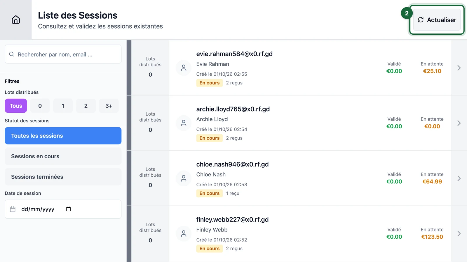 Liste des Sessions with Actualiser highlighted on a tablet