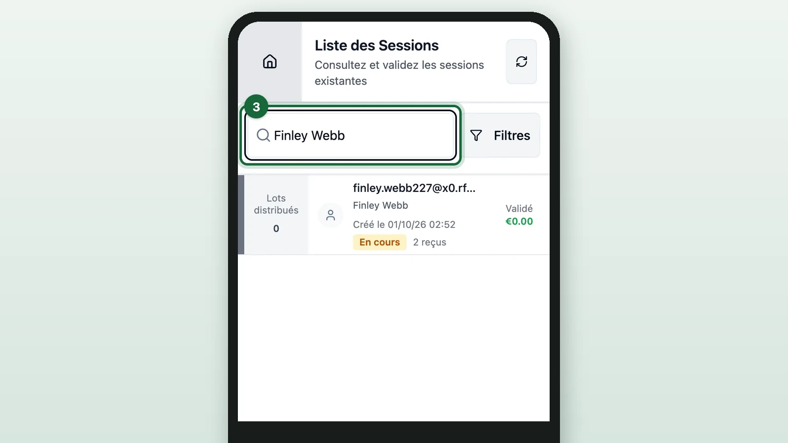 Liste des Sessions with Finley Webb typed in the search field on a phone