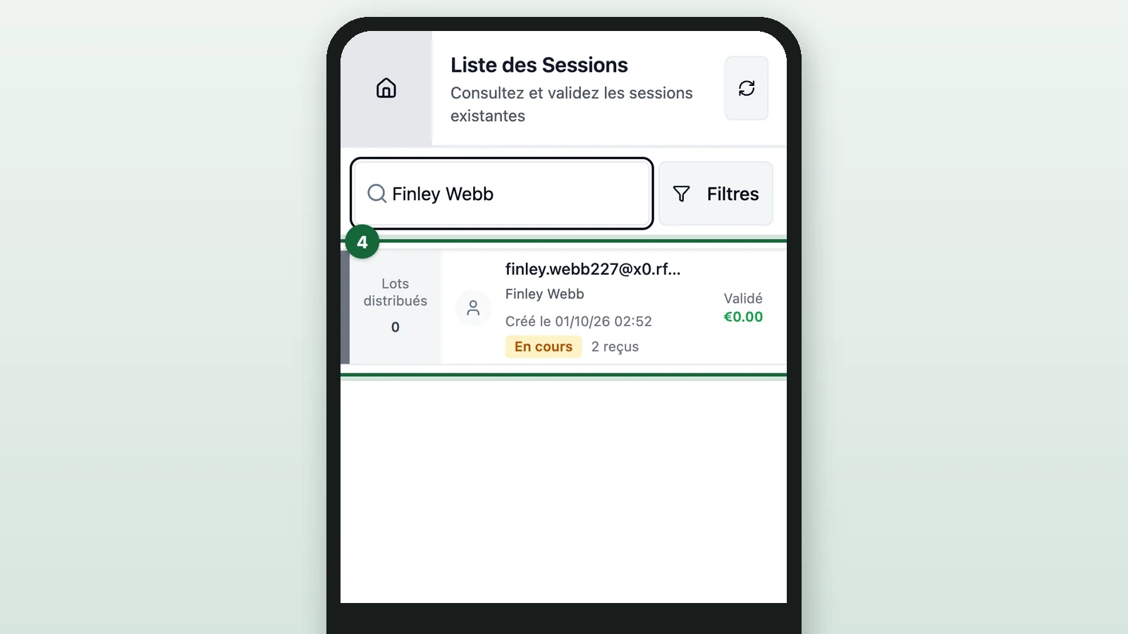 Liste des Sessions with Finley Webb's row highlighted on a phone