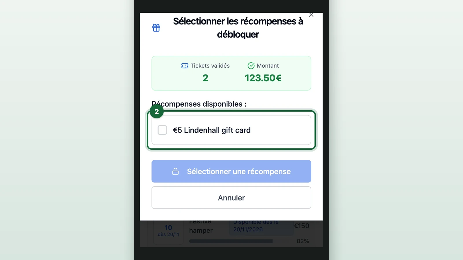 Prize window with the €5 Lindenhall gift card highlighted on a phone