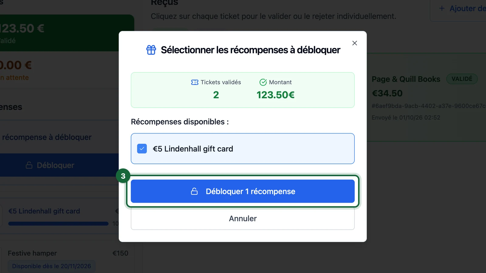 Prize window with Débloquer 1 récompense highlighted on a tablet