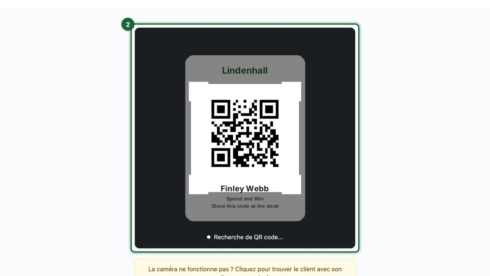 QR code scanner showing Finley Webb's code, with the camera view highlighted on a tablet