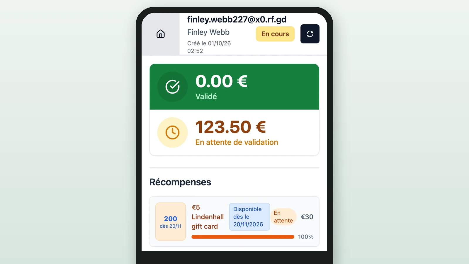 Finley Webb's session on a phone, with the amounts and Récompenses