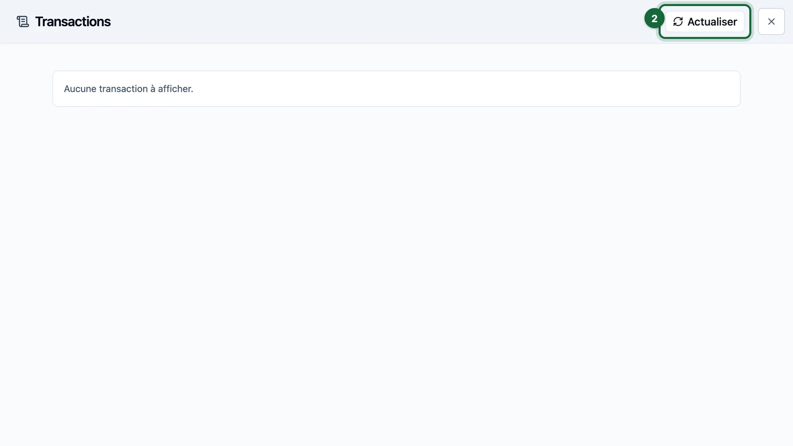 Transactions window with Actualiser highlighted on a tablet