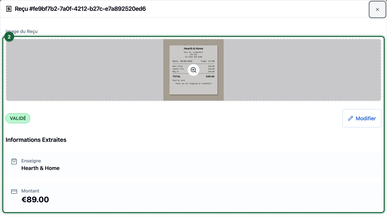 Approved Hearth & Home receipt window with the photo and Informations Extraites highlighted on a tablet