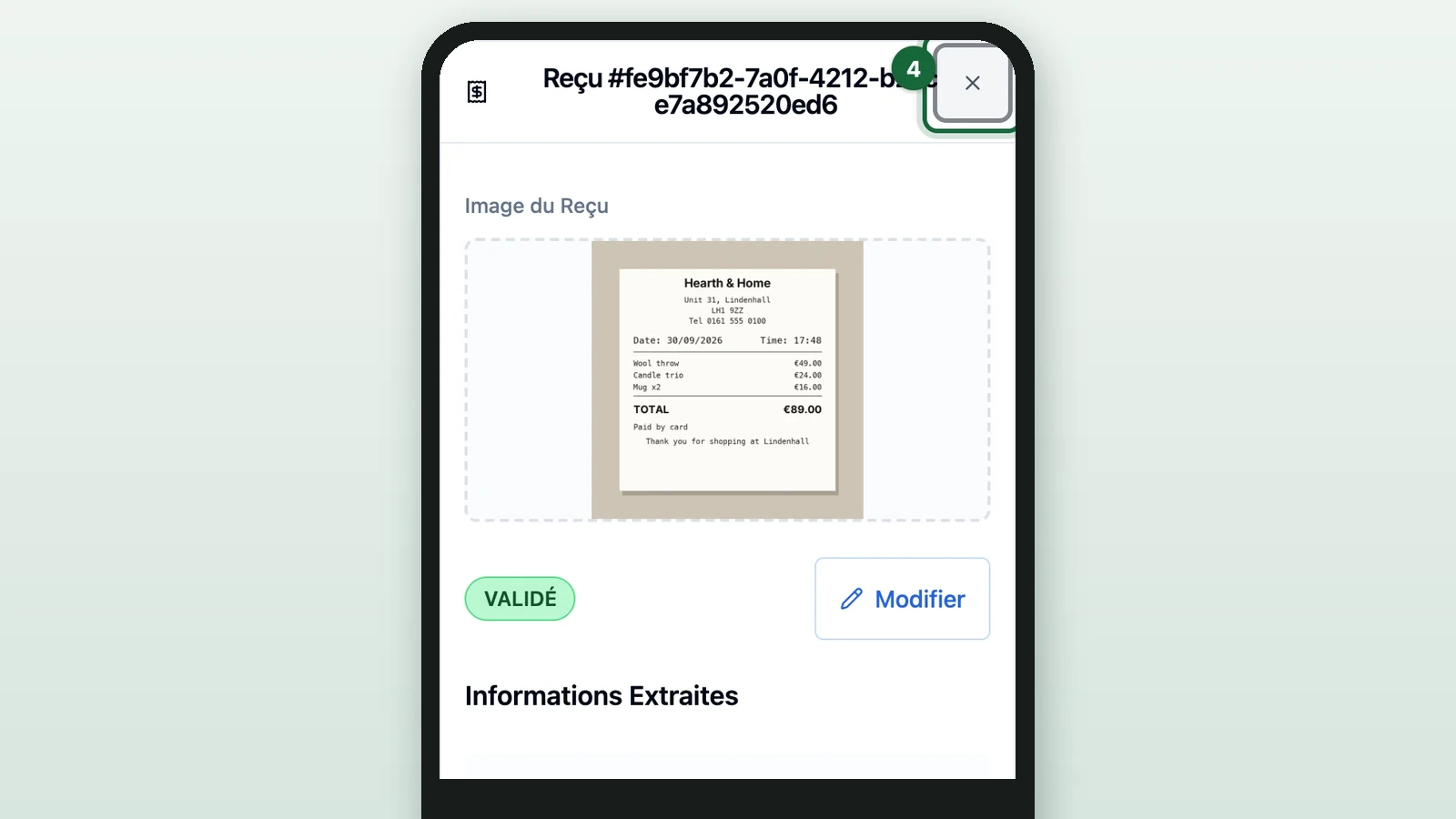 Approved Hearth & Home receipt window with the close cross highlighted on a phone