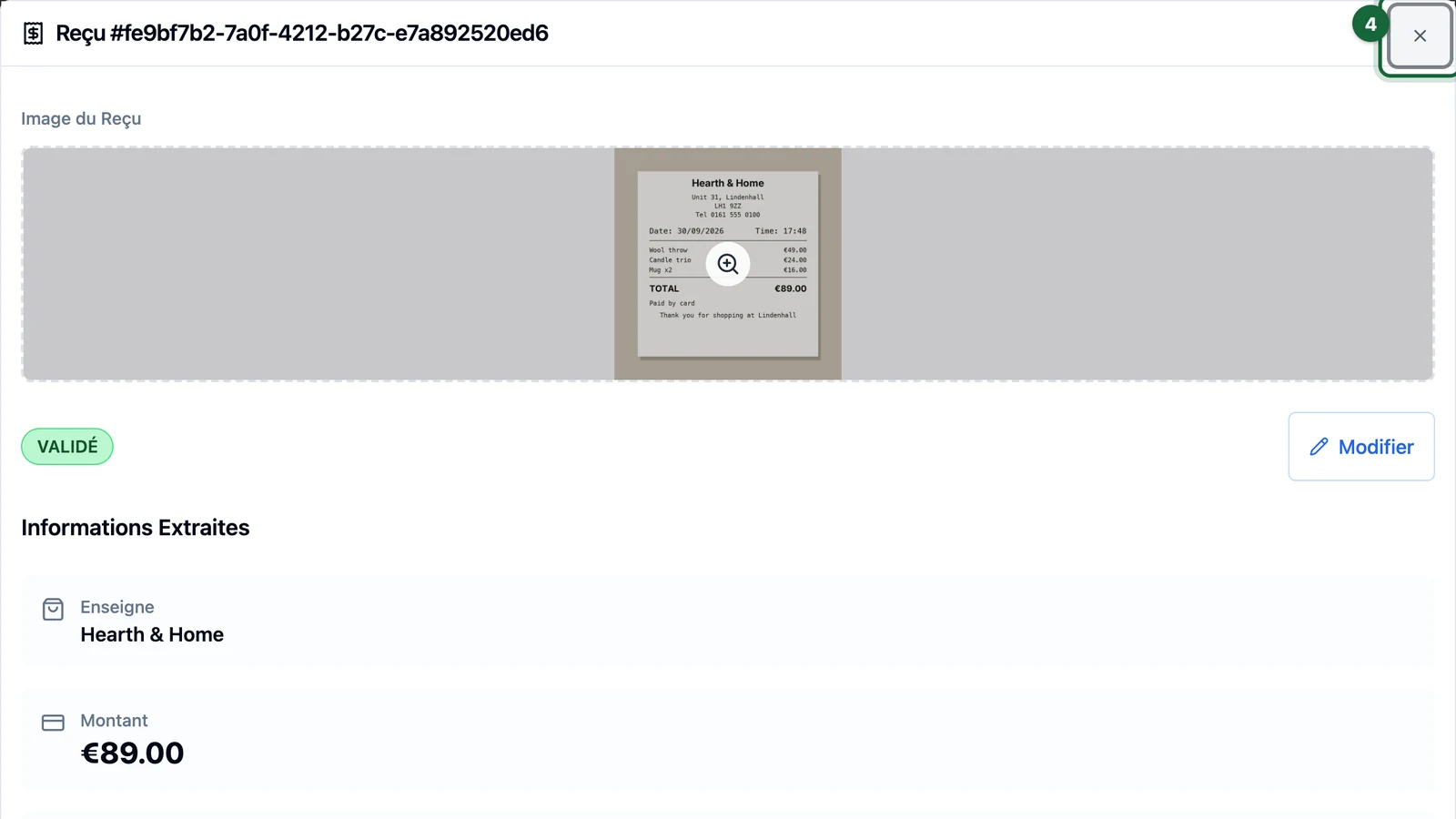 Approved Hearth & Home receipt window with the close cross highlighted on a tablet