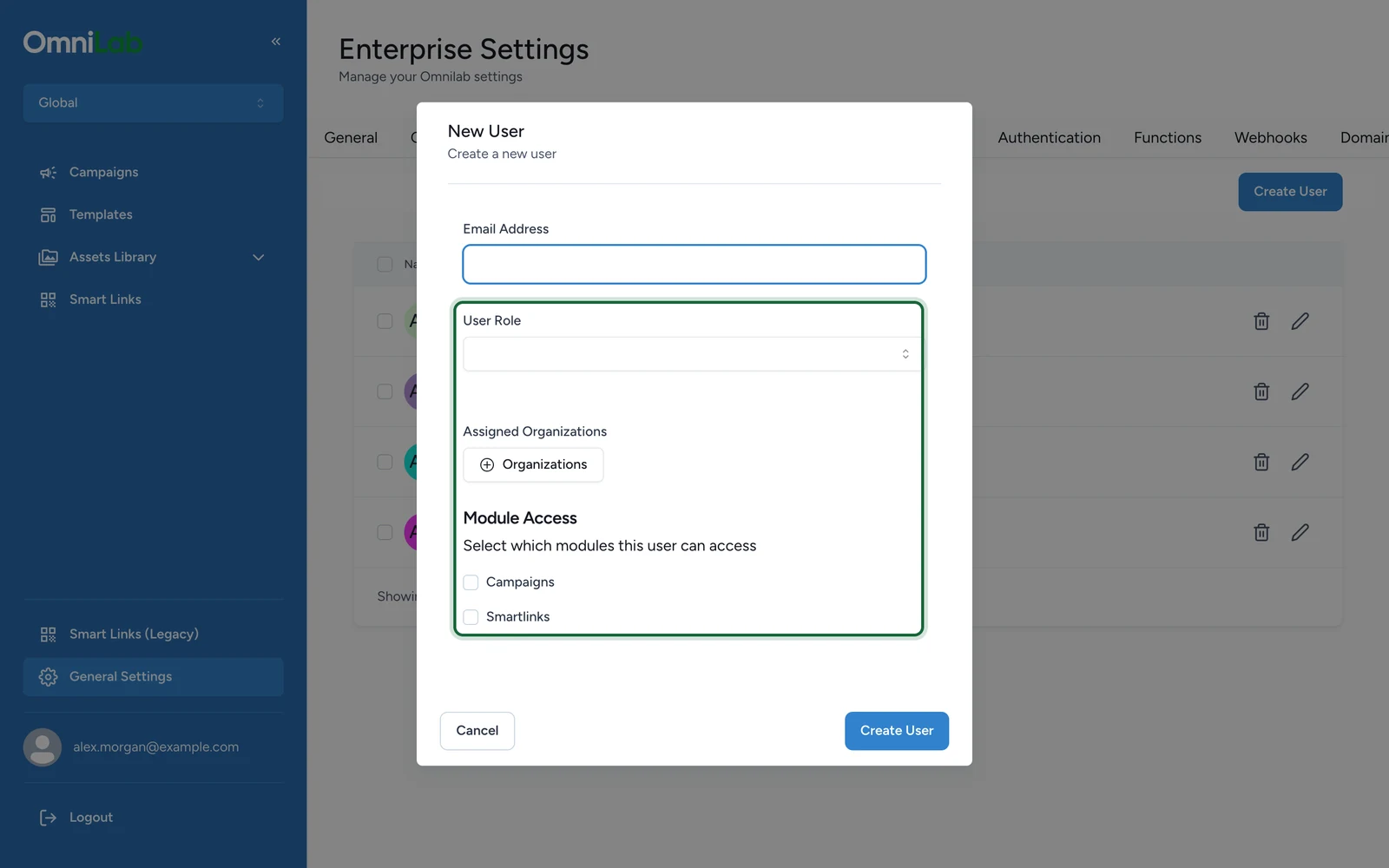 New User window with User Role, Assigned Organizations and Module Access highlighted