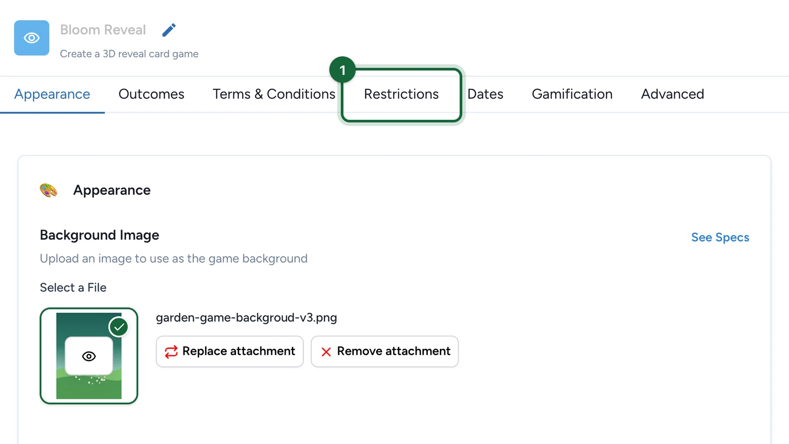 Bloom Reveal settings with the Restrictions tab highlighted
