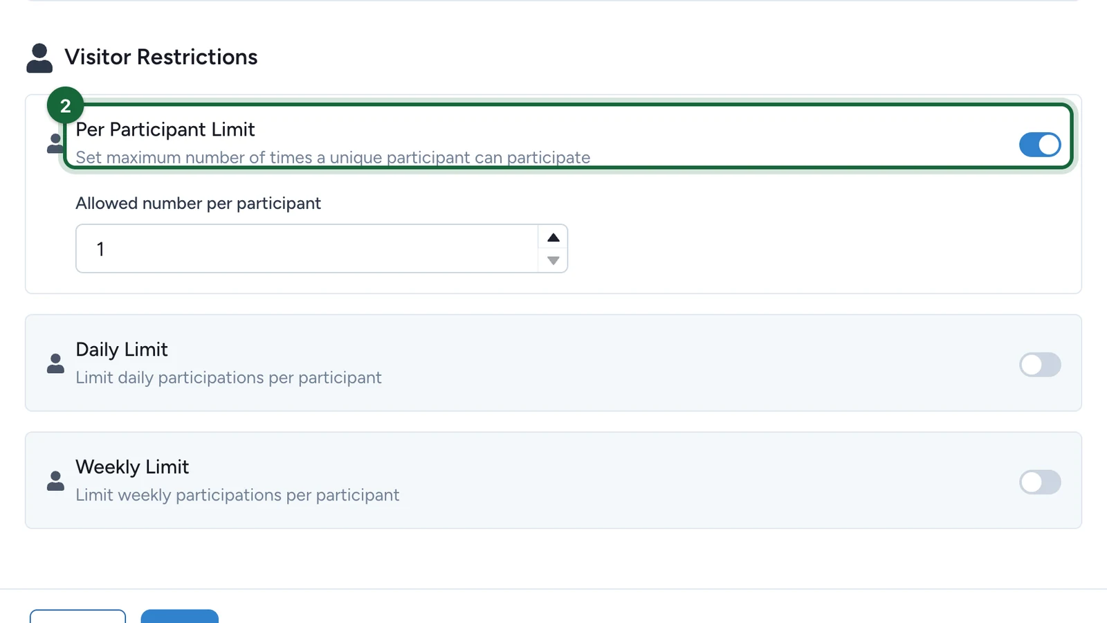 Per Participant Limit switched on at 1, highlighted