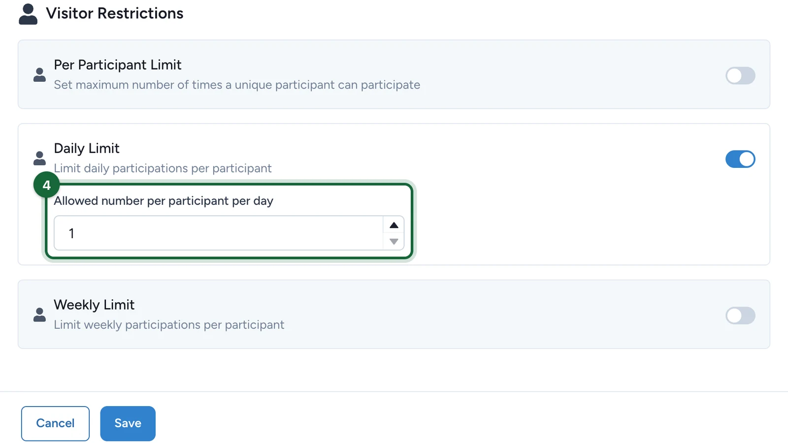 Daily Limit on, with Allowed number per participant per day 1, highlighted