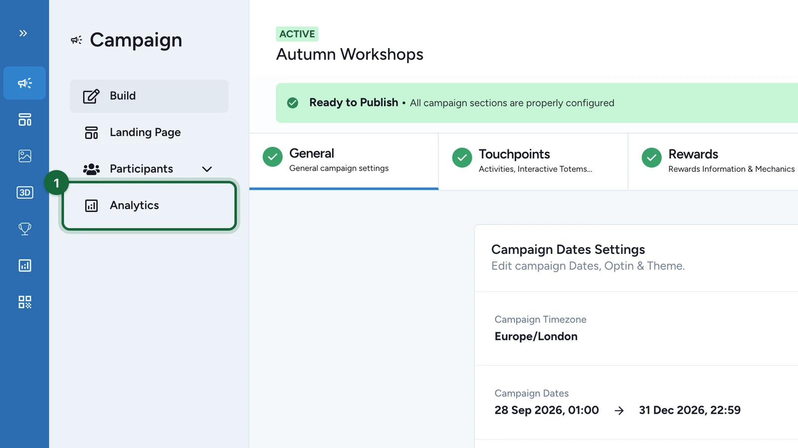 Campaign menu with Analytics highlighted