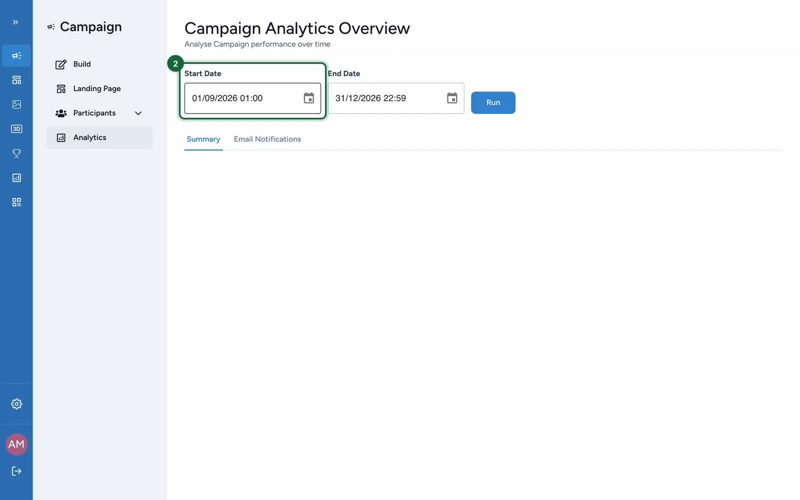 Campaign Analytics Overview with the Start Date 01/09/2026 01:00, highlighted
