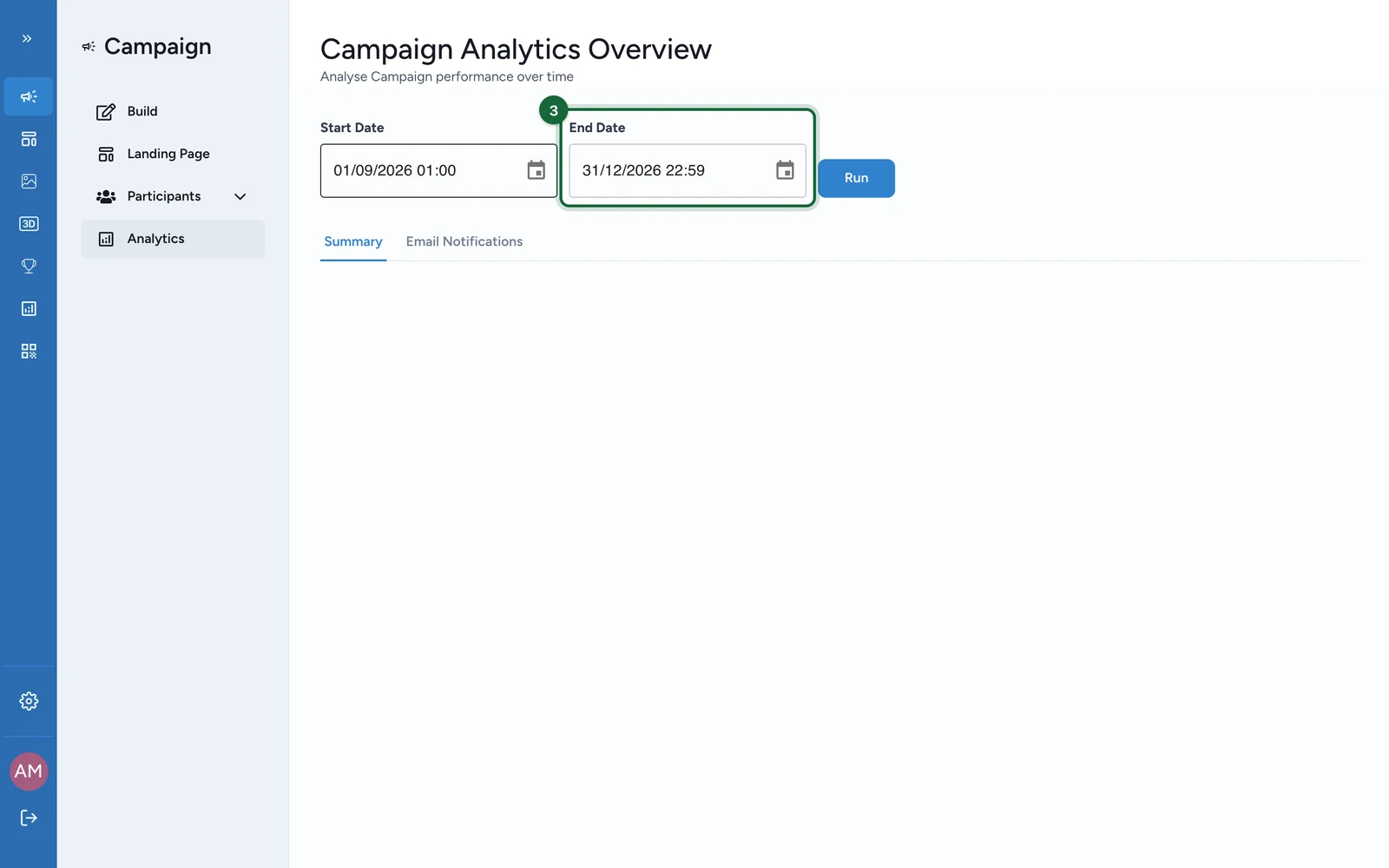 Campaign Analytics Overview with the End Date 31/12/2026 22:59, highlighted