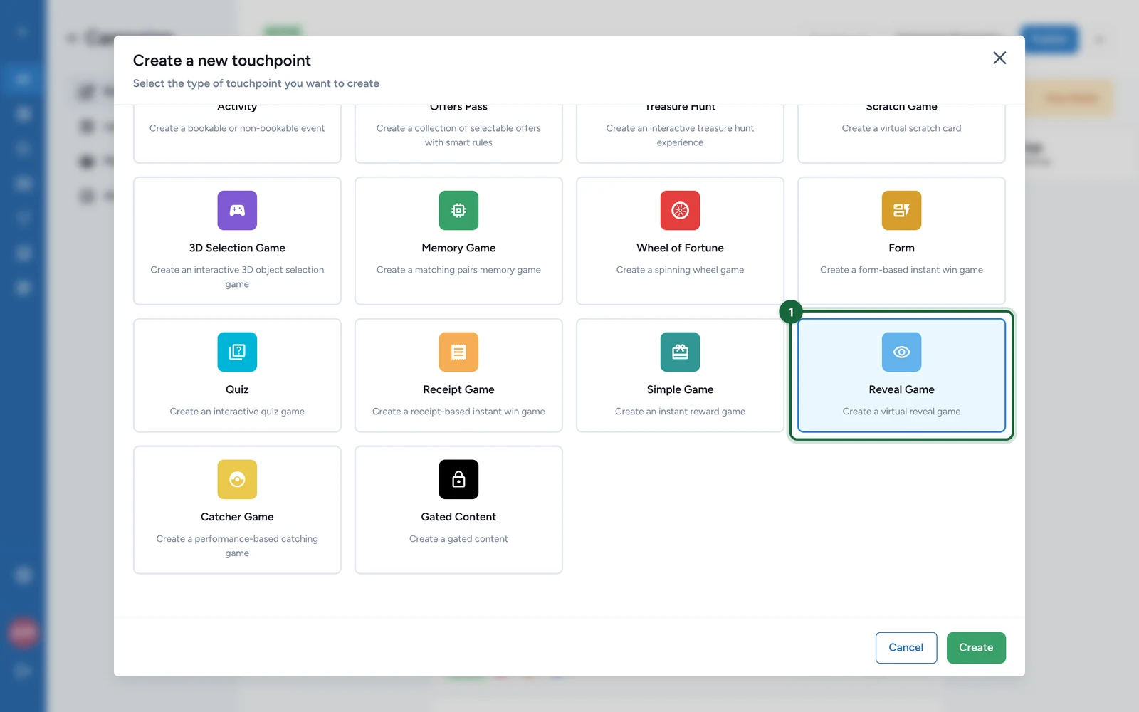Create a new touchpoint window with the Reveal Game tile highlighted