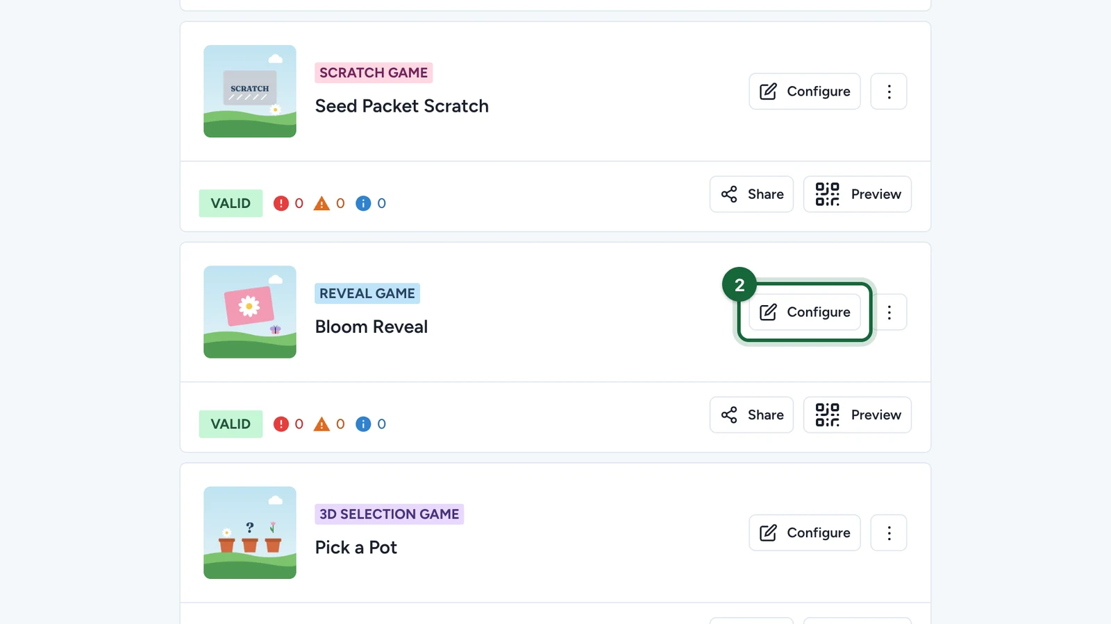 Bloom Reveal card with its Configure button highlighted