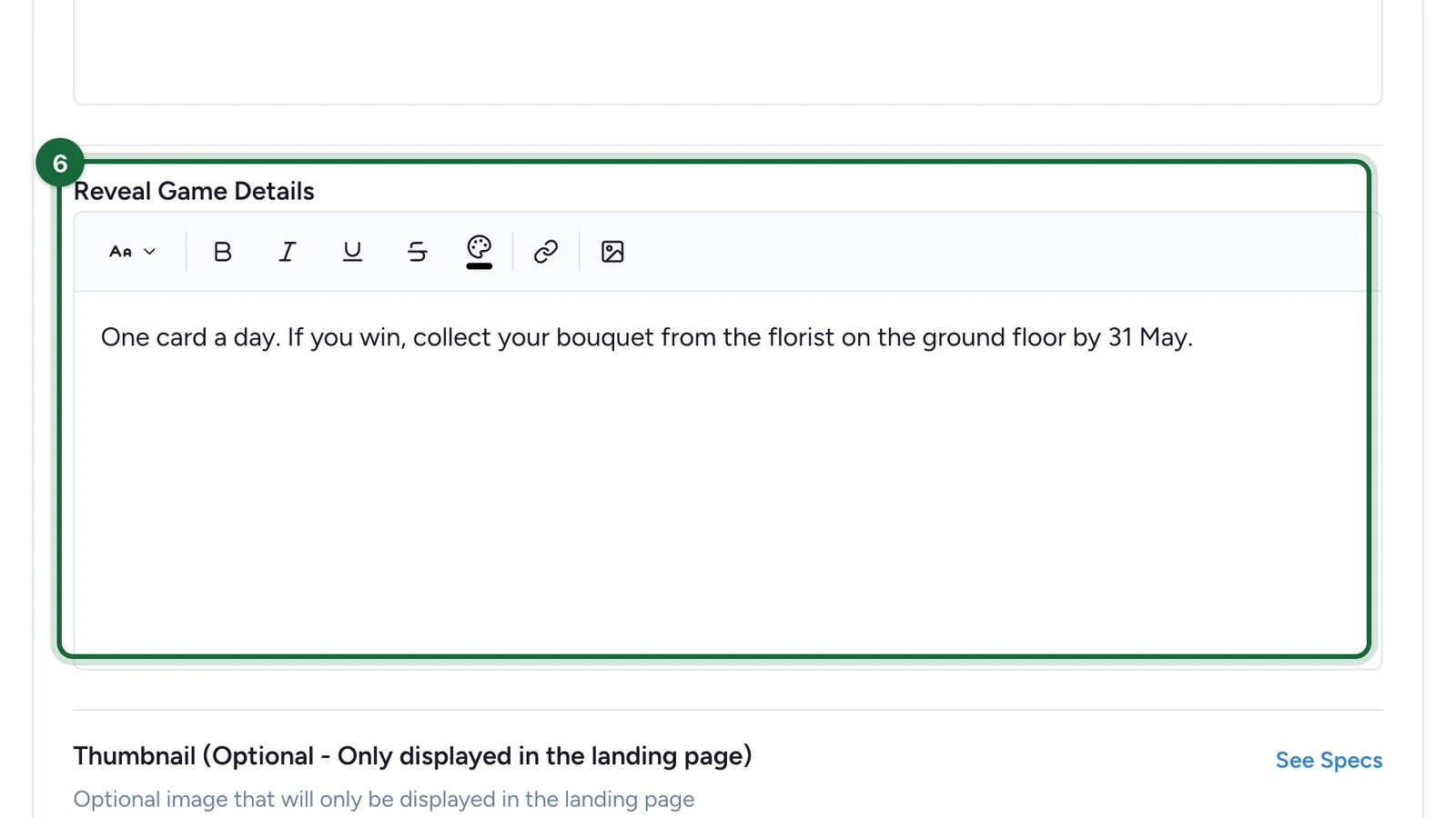 Reveal Game Details explaining one card a day and the florist, highlighted