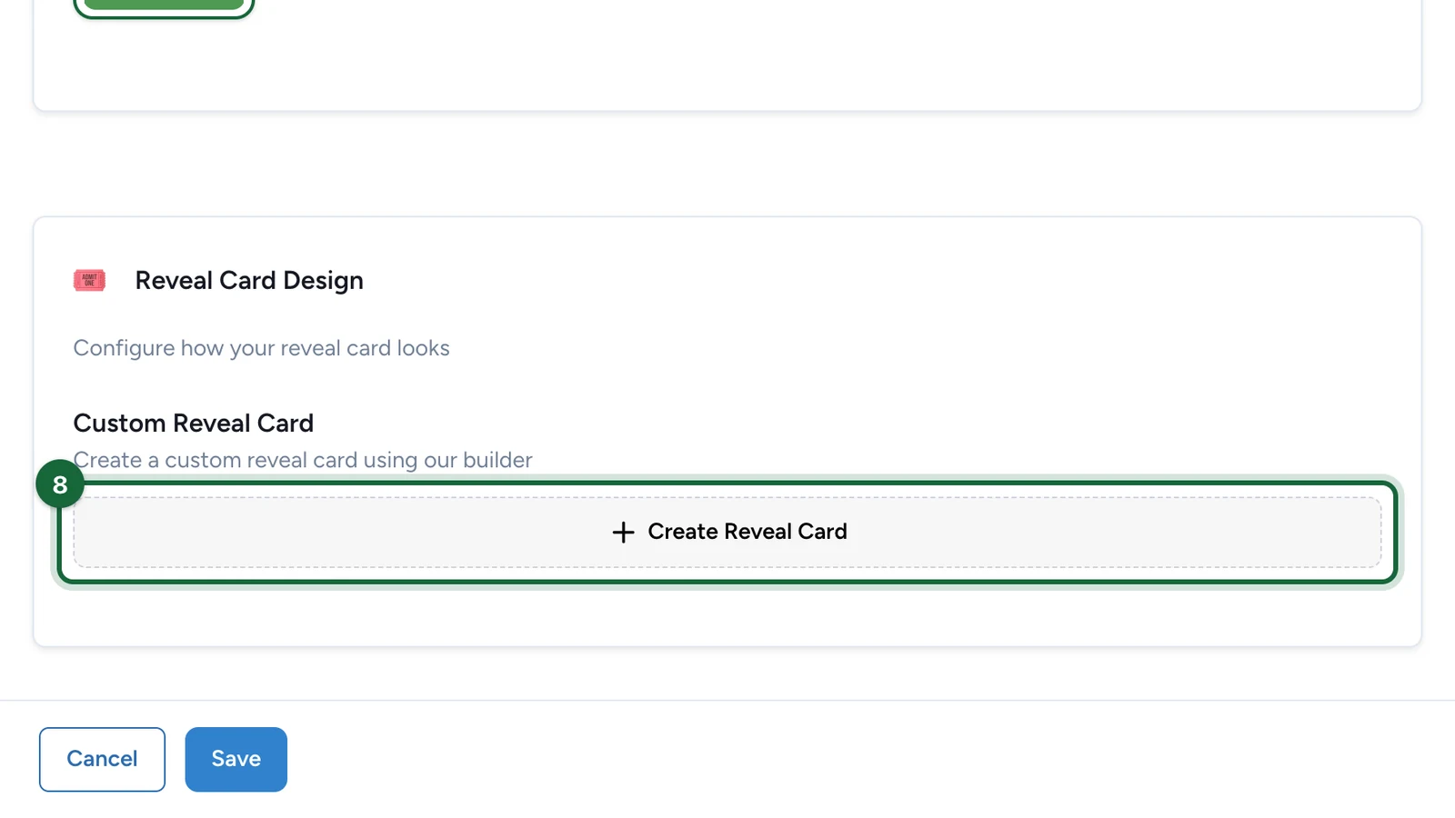 Reveal Card Design with the Create Reveal Card button highlighted