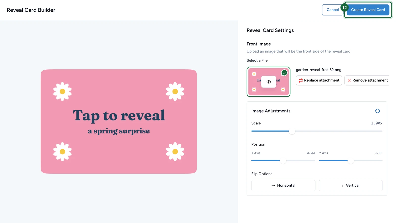 Reveal Card Builder showing the pink front, with Create Reveal Card highlighted