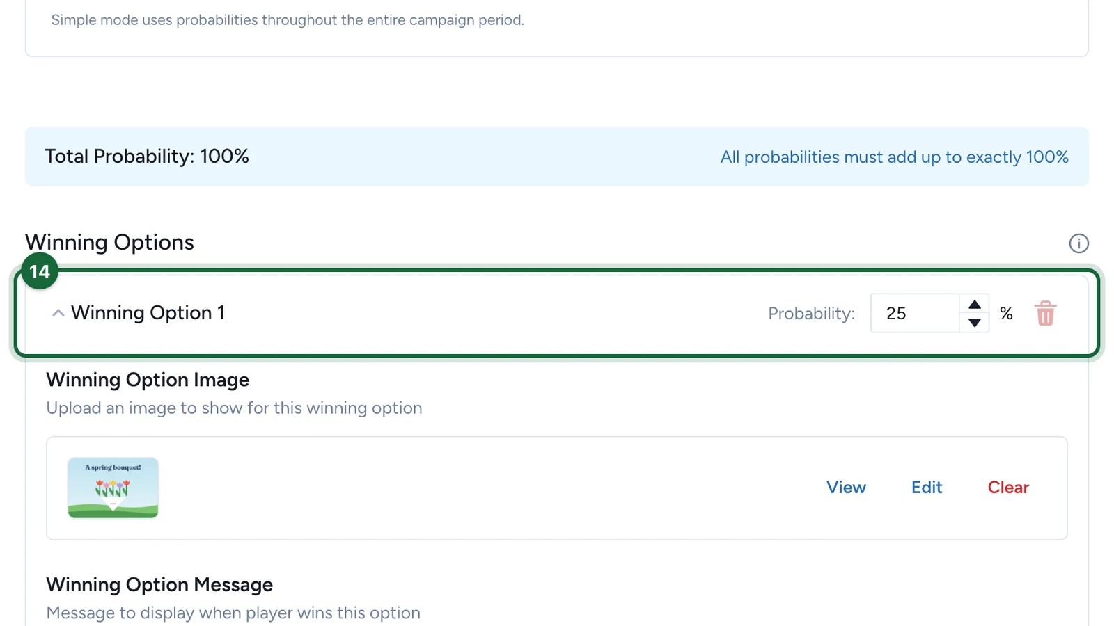 Winning Option 1 with a probability of 25%, highlighted