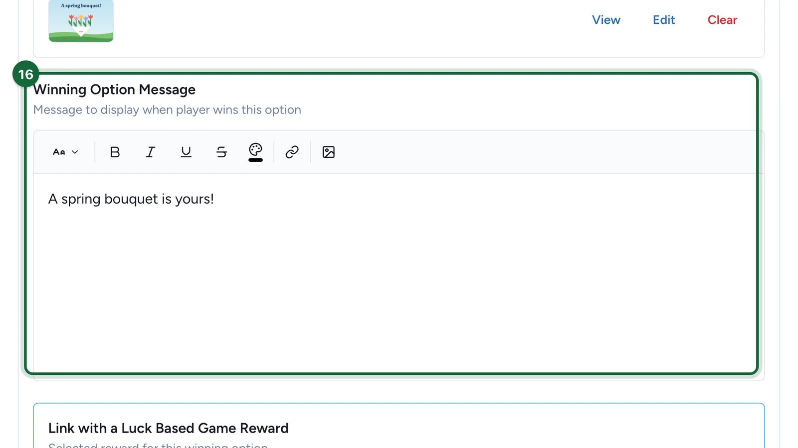 Winning Option Message reading A spring bouquet is yours, highlighted