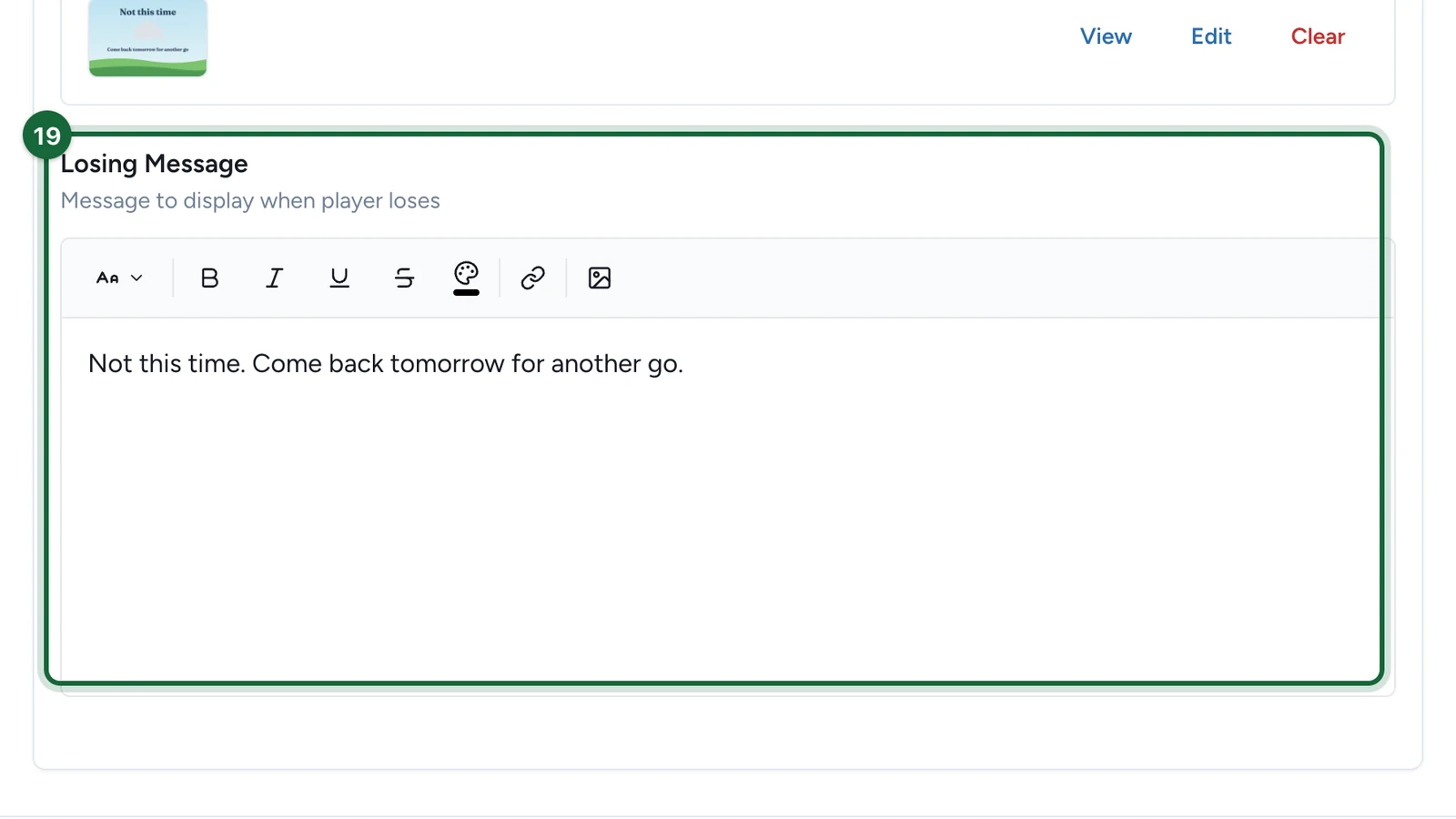 Losing Message reading Not this time. Come back tomorrow for another go, highlighted