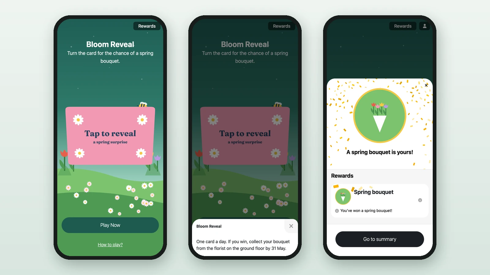 The Bloom Reveal on three phones: the pink card, How to play? with the game details, and the winning screen for a spring bouquet